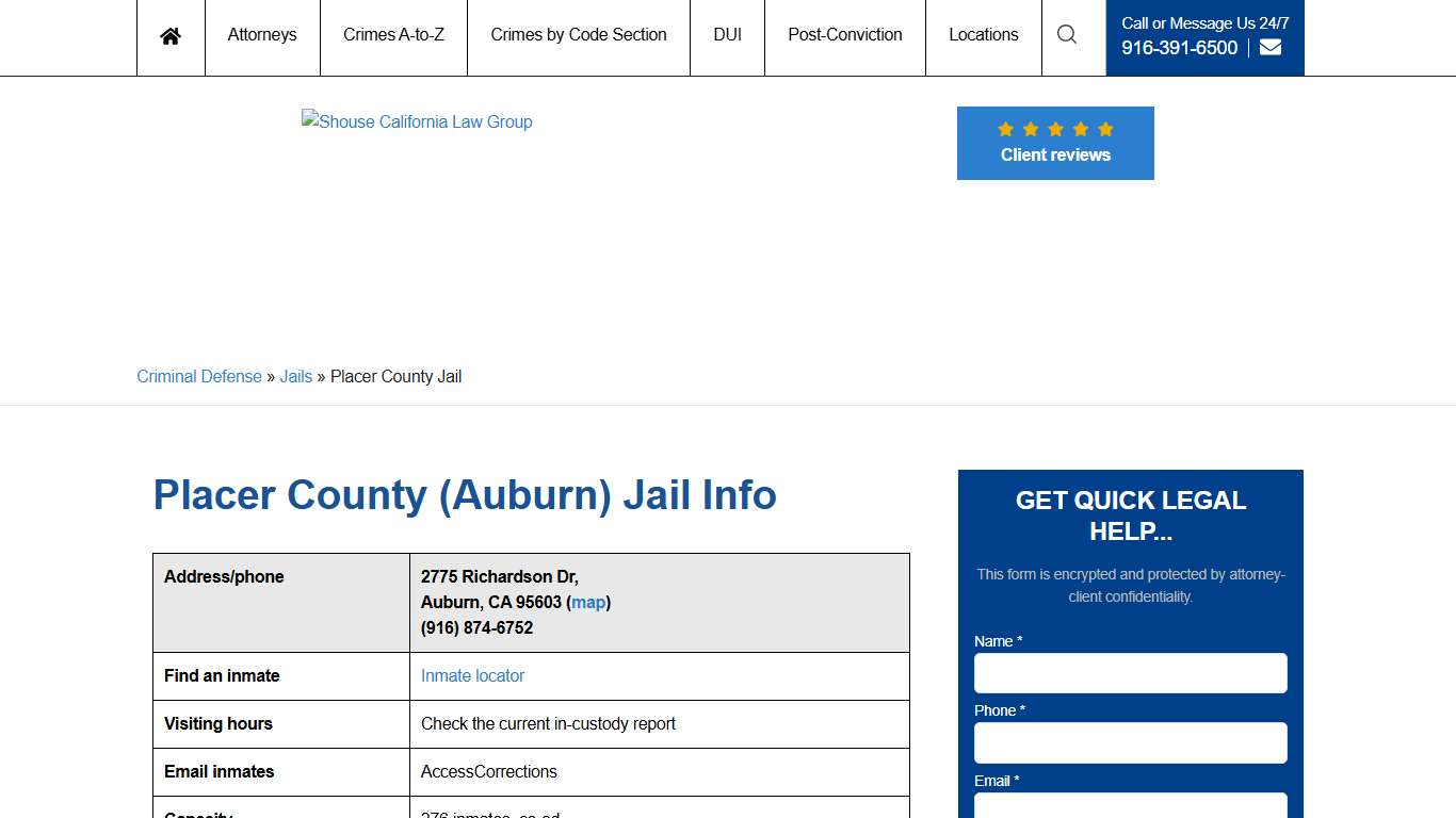 Placer County (Auburn) Jail Info